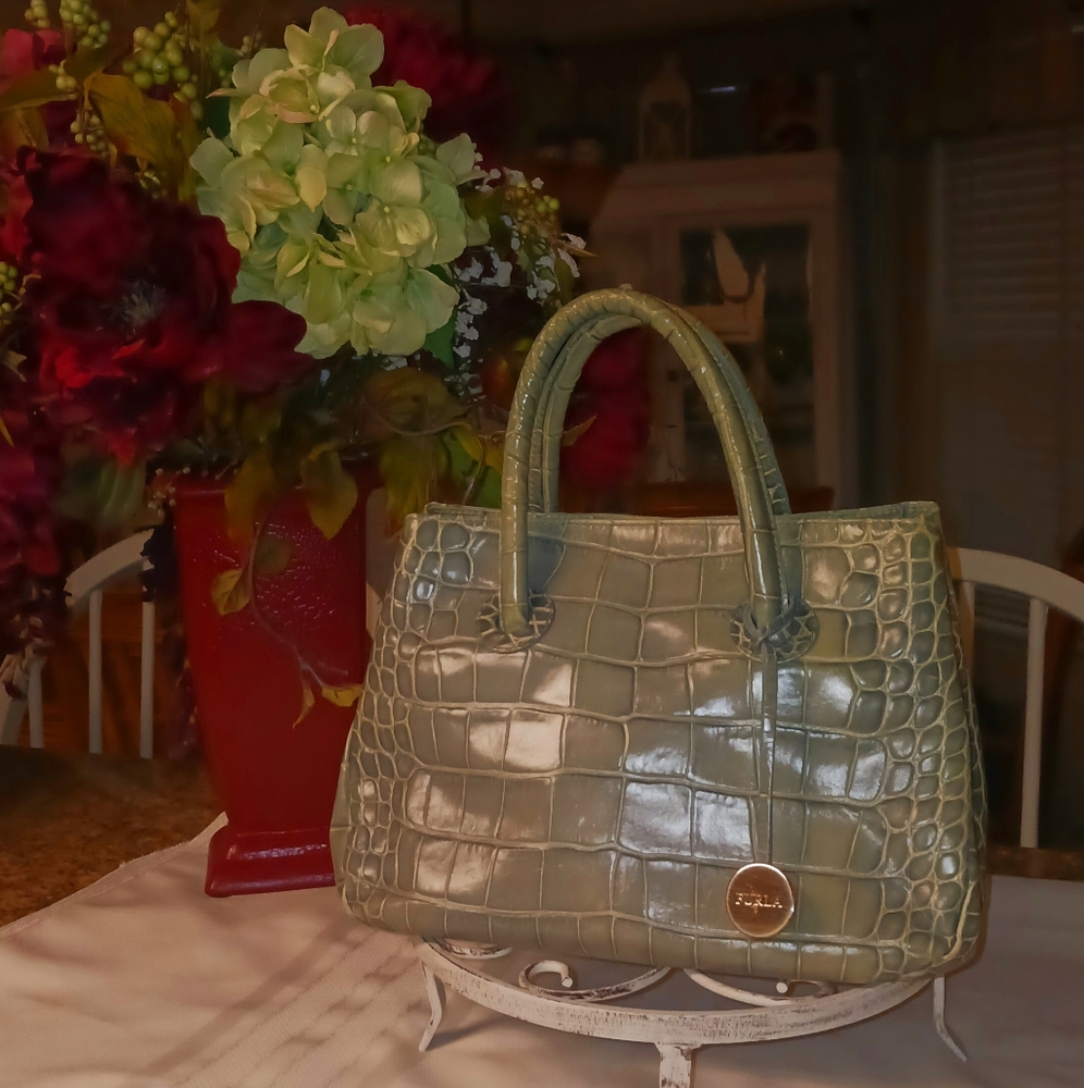 Furla Green Crocodile-Embossed Satchel